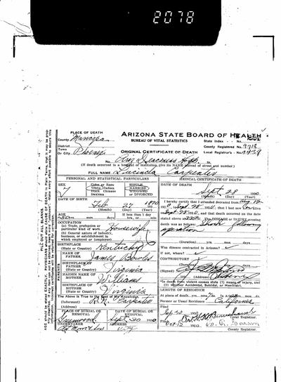 Ancestry coll. 8704 (Arizona, U.S., Death Records, 1887-1968), record 600216827, image 022_10222078-02047; Arizona State Board of Health, County Registered No. 9718, Local Registrar's No. 2439, filed 30 Sept 1920 · full resolution 2928 x 3984 px, 48/48 DeepZoom tiles — page certificate