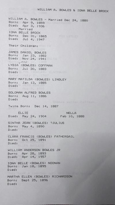 William A. Bowles & Iona Belle Brock — family record typescript, page 1 (G4), undated