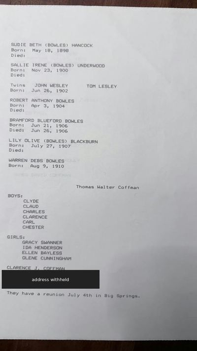 William A. Bowles & Iona Belle Brock — family record typescript, page 2 (G4), undated