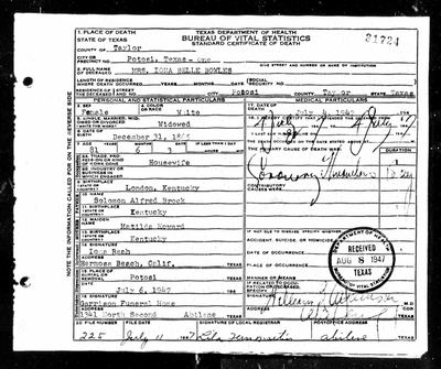 Page certificate of Texas Department of Health, Bureau of Vital Statistics, **Standard Certificate of Death no. 31724**, Taylor County, Potosi precinct one; file no. 225, filed 11 July 1947 by local registrar Lila Fern Martin, Abilene; received by the Bureau 8 August 1947 (Ancestry coll. 2272, record 82067279, image 40394_b062310-02504) · full resolution 2048 x 1713 px, 1947-07-04 / filed 1947-07-11