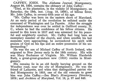 Newspaper obituary of John Caffey, Montgomery Alabama Journal, August 1826