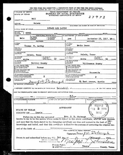 Howard Lee Caffey — Texas delayed birth certificate (b. 1917, Salado), filed 1944