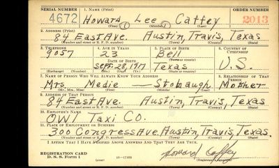 Howard Lee Caffey — WWII draft registration card, Austin, 1940