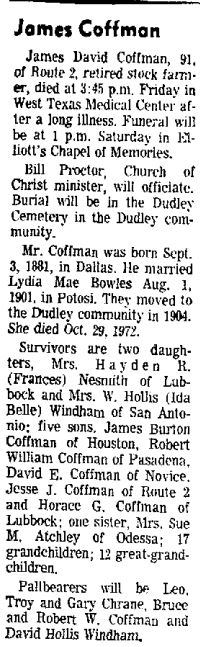 James David Coffman Obituary (Abilene Reporter-News, December 23, 1972)