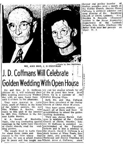 James D. and Lydia Coffman Golden Wedding Anniversary (Abilene Reporter-News, July 29, 1951)