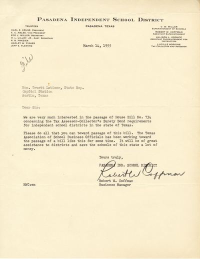 [Letter from Robert W. Coffman to Truett Latimer, March 14, 1955] — page 1