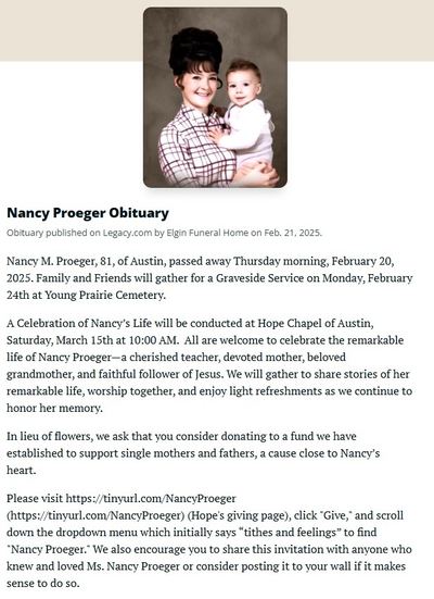 Nancy Proeger obituary — Legacy.com, Elgin Funeral Home, 21 February 2025, 21 February 2025