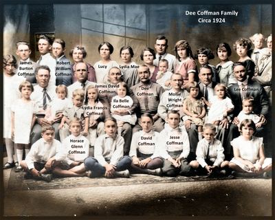 Restored and colorized (AI-assisted); faces are the original photo, colours are a best guess. Dee Coffman family, circa 1924 — the group photograph with Ginger Coffman's names written on the faces.