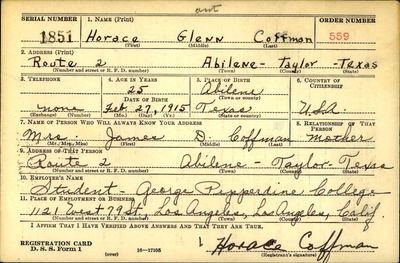 Horace Glenn Coffman — WWII draft registration card, Abilene, 1940