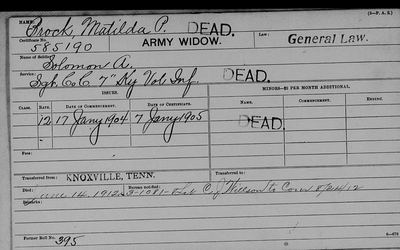 VA pension payment card — Matilda P. Brock, Army widow of Solomon A. Brock (cert. 585,190)
