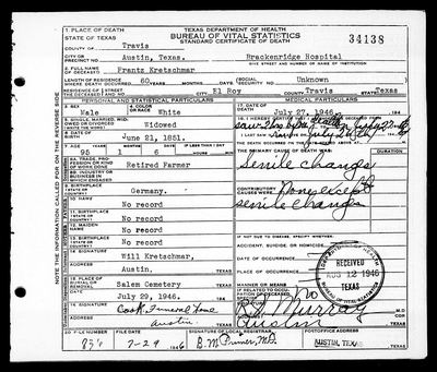 Texas death certificate no. 34138 - Julius Franz Kretschmar (1851-1946)
