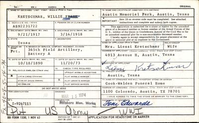 Page DD 1330 of U.S. Application for Headstone or Marker — Pvt. Willie Frank Kretschmar, Battery A, 345th Field Artillery, ASN 2231722; ordered 15 March 1974 for Austin Memorial Park, applicant Mrs. Liessi Kretschmar (wife) (Ancestry coll. 2375, record 3681966; image 2375_03_01017-01102) · full resolution 2407 × 1501 px, DeepZoom level 12, 15/15 tiles