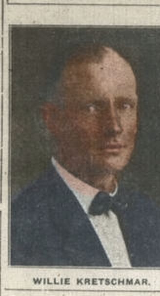 Restored and colorized (AI-assisted); faces are the original photo, colours are a best guess. Willie Frank Kretschmar — portrait photograph, Austin Statesman, 13 September 1923.