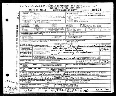 Emma Stein Ladusch — Texas death certificate, 1952 (read from full-res image, batch 6)