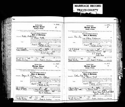 Travis Co., TX, marriage license No. 224, p. 464 (Ancestry record 40780372) · **S225** — page p. 464