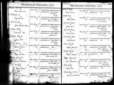 Page p. 196, fifth entry of Tennessee, U.S., Marriage Records, 1780-2002 — bound clerk's register, printed heading **"MARRIAGE RECORD, 1818"**, opening pp. 196/197 (Ancestry coll. 1169, record 4572939, image VRMUSATN1780_040401-00127; the collection and film place it in **Davidson County** — the page itself names no county) · full resolution 4644 x 3432 px, 70/70 DeepZoom tiles, 2 July 1818