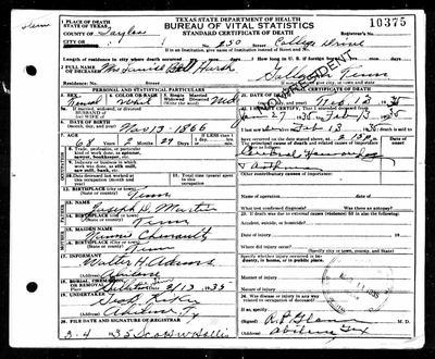 Mrs. Bell (Louise Martin) Harsh, daughter of Joseph D. Martin and Nannie Chenault (Earl's 3rd great-grandparents) — Texas death certificate, 1935