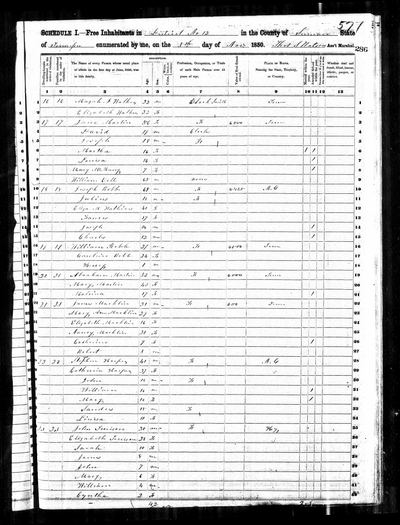 Page dwelling 17, lines 3-9 of 1850 United States Federal Census, SCHEDULE I — Free Inhabitants in **District No. 12**, County of **Sumner**, State of **Tennessee**, enumerated **3 November 1850** by **Thos. J. Watson, Ass't Marshal**; page 521/286, dwelling/family 17, lines 3-9 (Ancestry coll. 8054, record 6921047, image 4206054_00574) · full resolution 3368 x 4421 px, 63/63 DeepZoom tiles