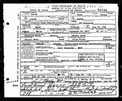 Texas death certificate no. 36634 — "Media" Stobaugh (Medie Owens Caffey Stobaugh), 1887–1954, 28 July 1954