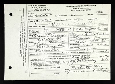 William Harry Proeger — Pennsylvania birth certificate 89736, Rochester, 1911