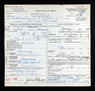Page no. 677 of Pennsylvania death certificate no. 677 — Allegheny County, filed 8 Jan 1924 (Ancestry coll. 5164) · full resolution 3124 × 2964 px, 6 January 1924