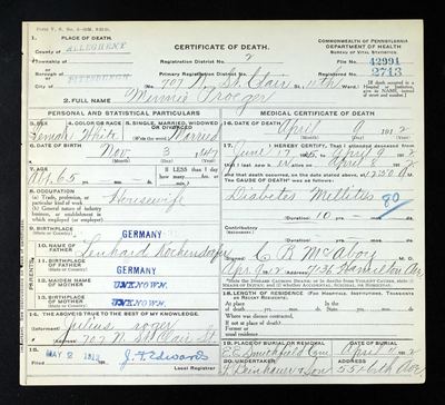 Pennsylvania death certificate no. 42991 — Allegheny County, filed 2 May 1912 (Ancestry coll. 5164) · full resolution 3236 × 2948 px — page no. 42991