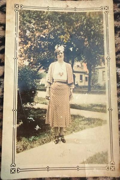 "Mother Proeger" — Anna Blanche (Roberts) Proeger, on a sidewalk at Wallaceburg, Ontario, Sunday 12 June 1932 (front of the inscribed snapshot)