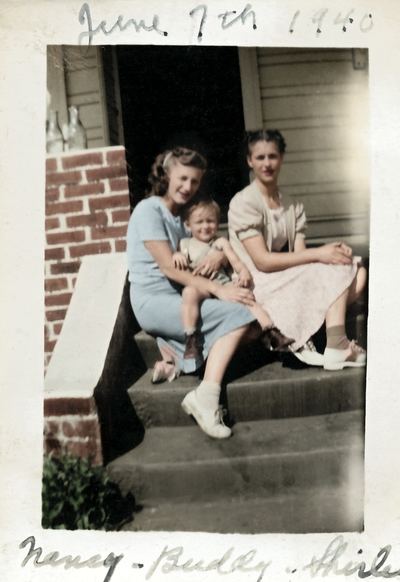 Restored and colorized (AI-assisted); faces are the original photo, colours are a best guess. Queen Anne "Nancy" Proeger with her son Warren "Buddy" DeBelling and Shirley, 7 June 1940 (names written on the print).