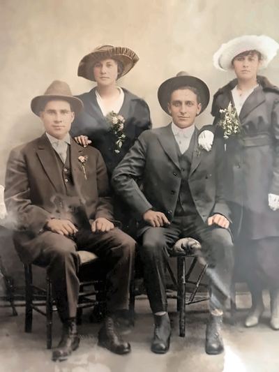 Enhanced (AI-assisted, non-generative): glare reduced, cleaned and upscaled. Frank T. Da Silva Jr and Mildred A. (Rose) Silva, with Mildred's sister Helen (Rose) and her husband Victor Johnson — from the Patricia Collins collection