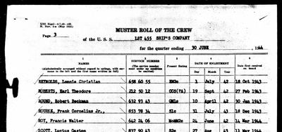 Muster roll of the crew, USS LST-455 (ship's company), quarter ending 30 Jun 1944, p. 3: Earl Theodore Roberts (S312, provisional)