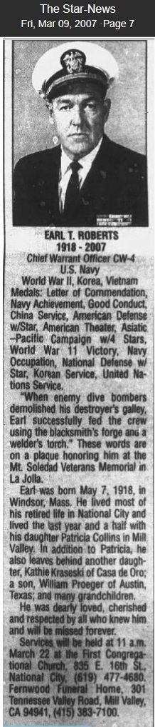 “EARL T. ROBERTS 1918–2007” — The Star-News, 9 March 2007, p. 7