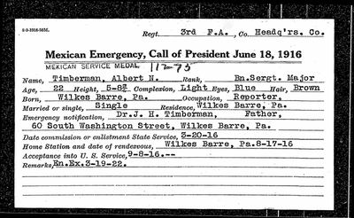 Albert N. Timberman, son of James Harris Timberman Sr. (Earl's 2nd great-grandfather) — Pennsylvania veterans card, 1916