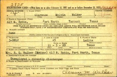Clarence Melvin Walker — WWII draft registration card, Fort Worth